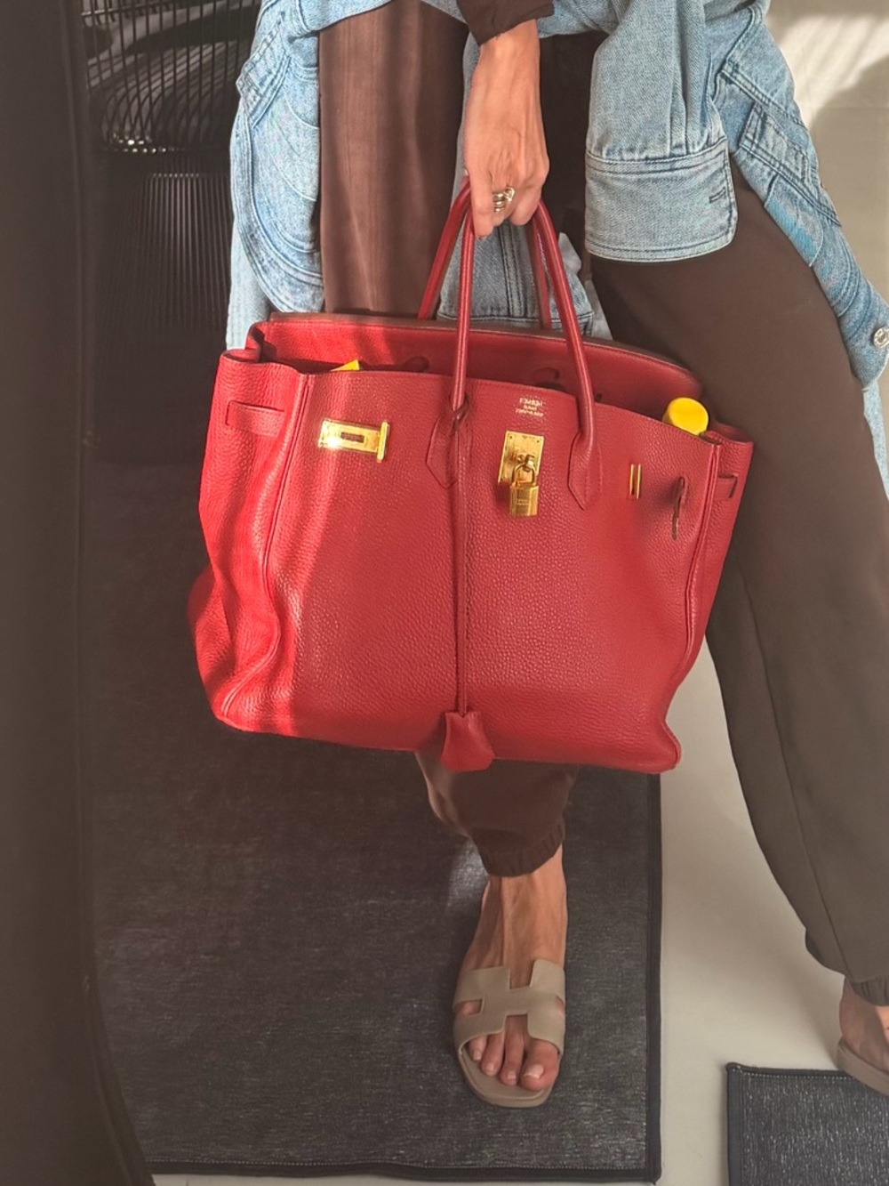 Hermes Red Leather Travel Tote with Gold Hardware